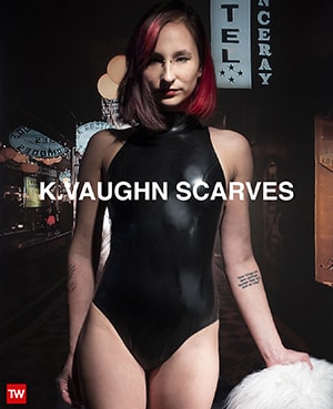 KVaughn Scarves ad photographed by Tony Ward. Model: Miss Joy wearing white scarf with latex body suit